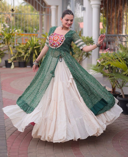 Green Pure Faux Georgette  Bandhani Print with kutchi Patchwork Navratri Lehenga Choli