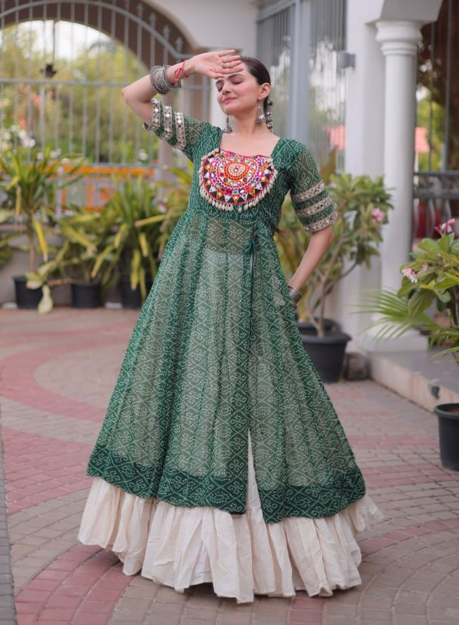 Green Pure Faux Georgette  Bandhani Print with kutchi Patchwork Navratri Lehenga Choli