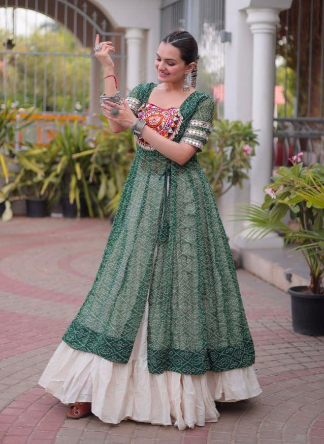 Green Pure Faux Georgette  Bandhani Print with kutchi Patchwork Navratri Lehenga Choli