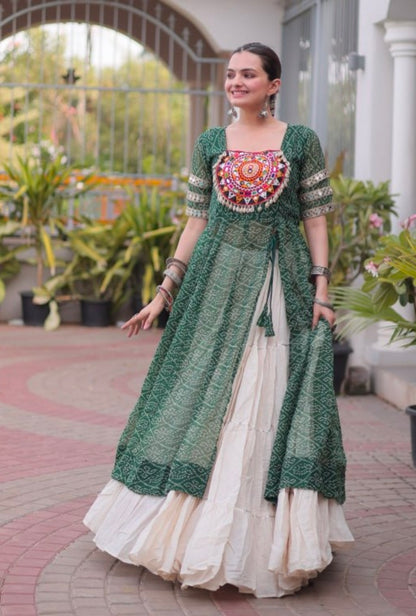 Green Pure Faux Georgette  Bandhani Print with kutchi Patchwork Navratri Lehenga Choli