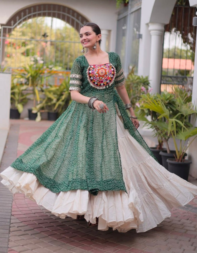 Green Pure Faux Georgette  Bandhani Print with kutchi Patchwork Navratri Lehenga Choli
