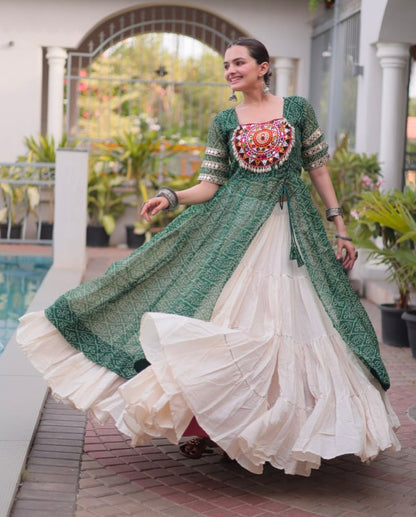 Green Pure Faux Georgette  Bandhani Print with kutchi Patchwork Navratri Lehenga Choli