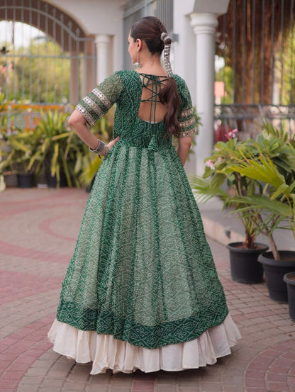 Green Pure Faux Georgette  Bandhani Print with kutchi Patchwork Navratri Lehenga Choli