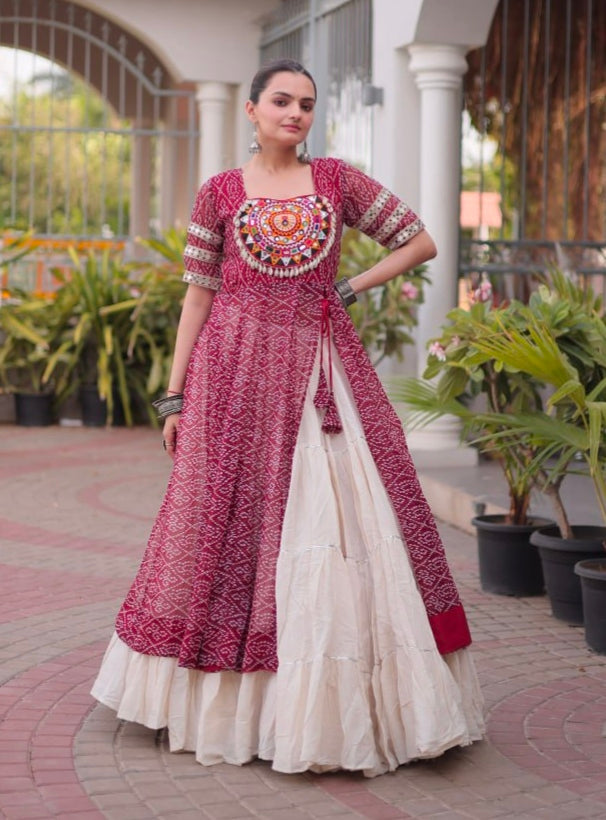 Maroon Pure Faux Georgette  Bandhani Print with kutchi Patchwork Navratri Lehenga Choli