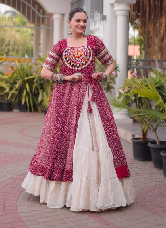 Maroon Pure Faux Georgette  Bandhani Print with kutchi Patchwork Navratri Lehenga Choli