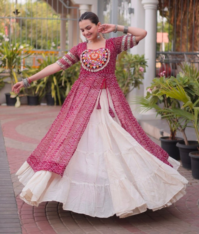 Maroon Pure Faux Georgette  Bandhani Print with kutchi Patchwork Navratri Lehenga Choli