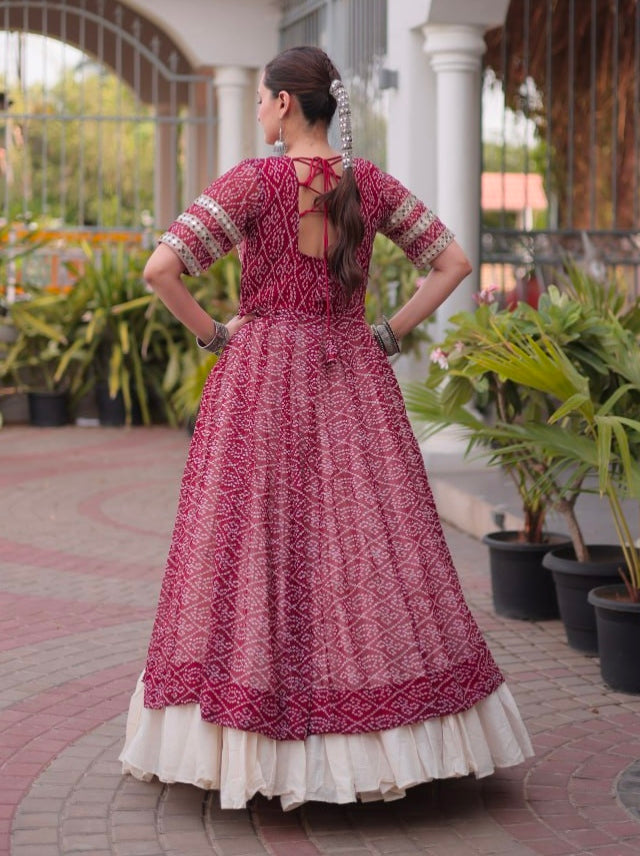 Maroon Pure Faux Georgette  Bandhani Print with kutchi Patchwork Navratri Lehenga Choli