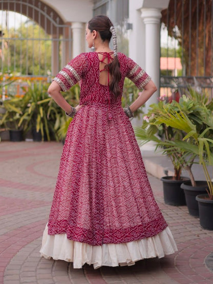 Maroon Pure Faux Georgette  Bandhani Print with kutchi Patchwork Navratri Lehenga Choli