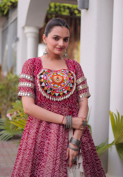 Maroon Pure Faux Georgette  Bandhani Print with kutchi Patchwork Navratri Lehenga Choli