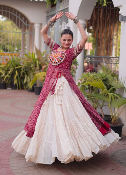 Maroon Pure Faux Georgette  Bandhani Print with kutchi Patchwork Navratri Lehenga Choli