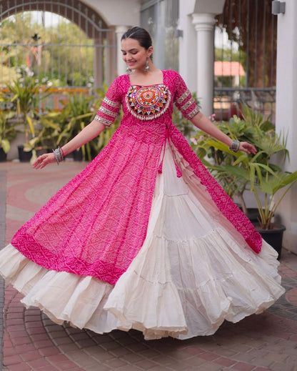 Pink Pure Faux Georgette  Bandhani Print with kutchi Patchwork Navratri Lehenga Choli