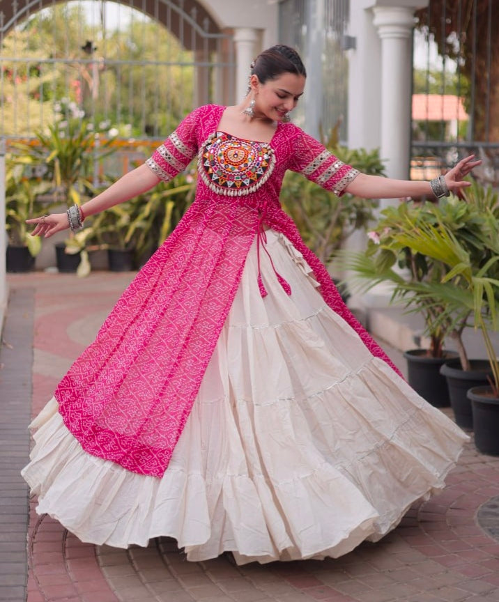Pink Pure Faux Georgette  Bandhani Print with kutchi Patchwork Navratri Lehenga Choli