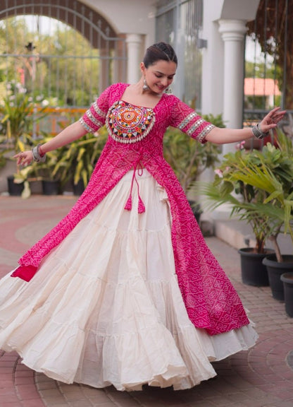 Pink Pure Faux Georgette  Bandhani Print with kutchi Patchwork Navratri Lehenga Choli