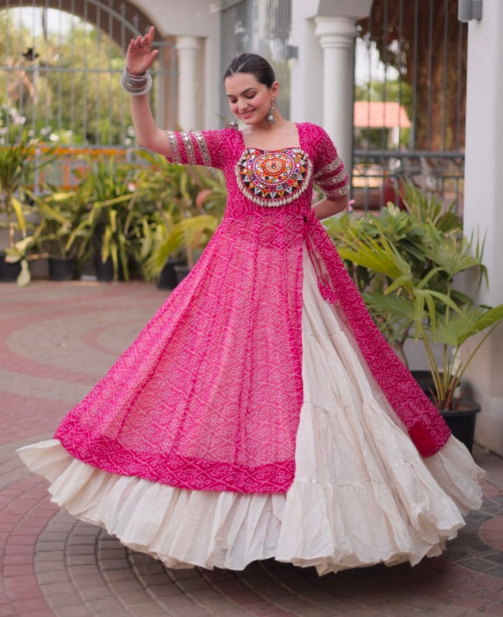 Pink Pure Faux Georgette  Bandhani Print with kutchi Patchwork Navratri Lehenga Choli