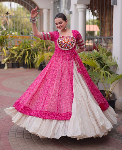 Pink Pure Faux Georgette  Bandhani Print with kutchi Patchwork Navratri Lehenga Choli