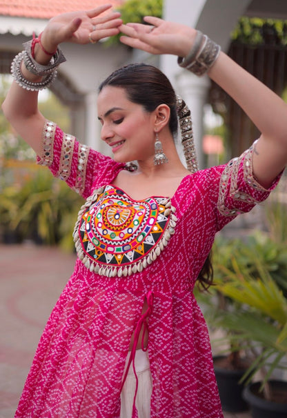 Pink Pure Faux Georgette  Bandhani Print with kutchi Patchwork Navratri Lehenga Choli