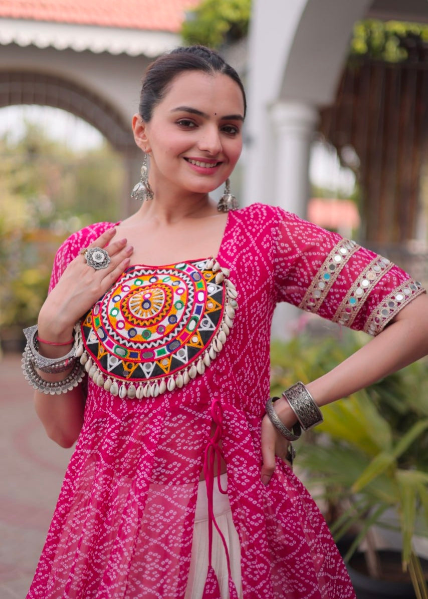 Pink Pure Faux Georgette  Bandhani Print with kutchi Patchwork Navratri Lehenga Choli