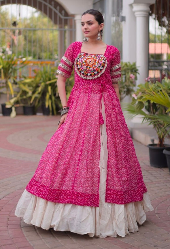 Pink Pure Faux Georgette  Bandhani Print with kutchi Patchwork Navratri Lehenga Choli