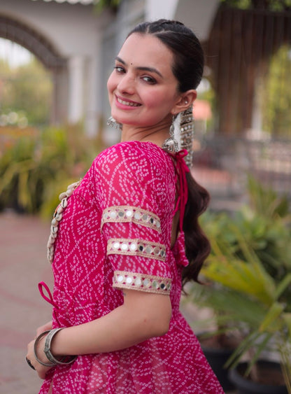 Pink Pure Faux Georgette  Bandhani Print with kutchi Patchwork Navratri Lehenga Choli