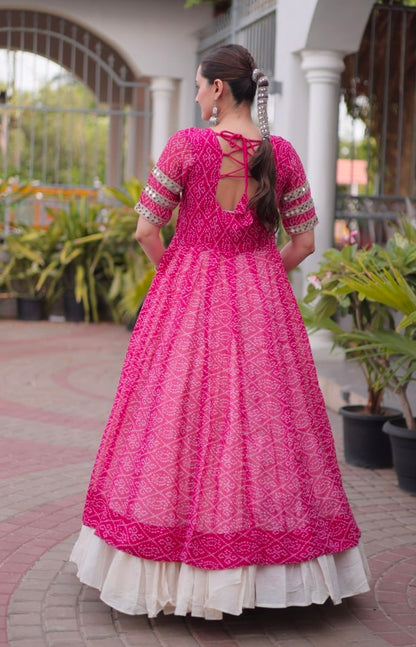 Pink Pure Faux Georgette  Bandhani Print with kutchi Patchwork Navratri Lehenga Choli