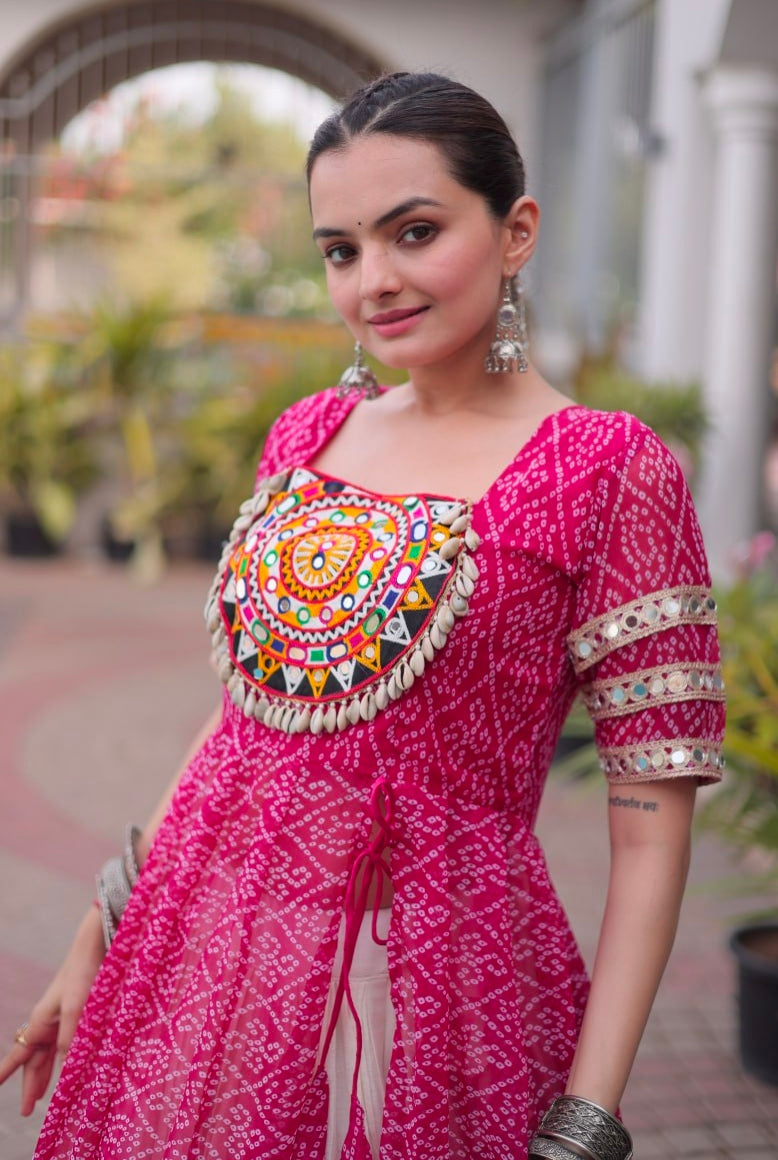 Pink Pure Faux Georgette  Bandhani Print with kutchi Patchwork Navratri Lehenga Choli