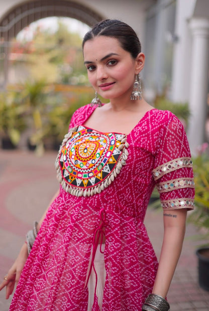 Pink Pure Faux Georgette  Bandhani Print with kutchi Patchwork Navratri Lehenga Choli