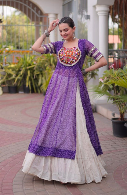Purple Pure Faux Georgette  Bandhani Print with kutchi Patchwork Navratri Lehenga Choli