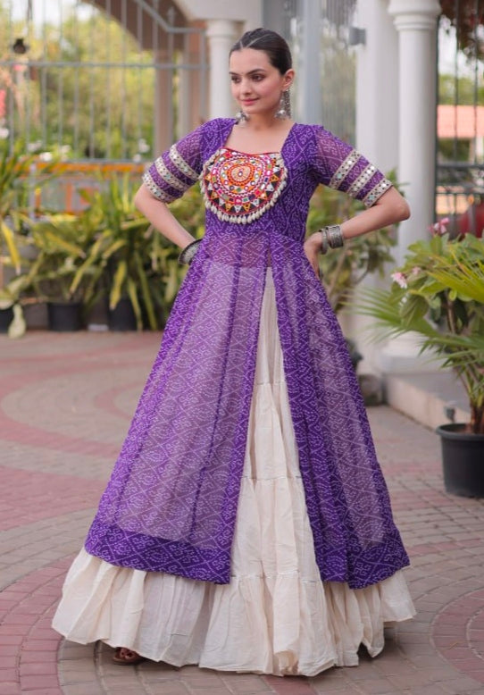 Purple Pure Faux Georgette  Bandhani Print with kutchi Patchwork Navratri Lehenga Choli