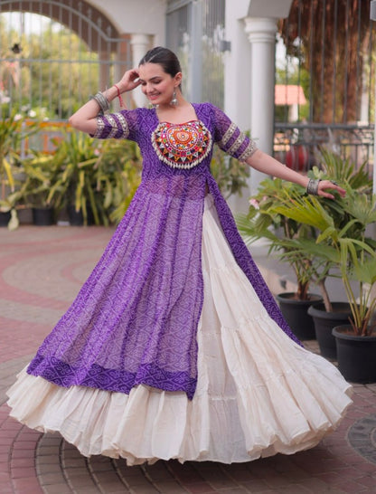 Purple Pure Faux Georgette  Bandhani Print with kutchi Patchwork Navratri Lehenga Choli