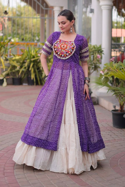 Purple Pure Faux Georgette  Bandhani Print with kutchi Patchwork Navratri Lehenga Choli