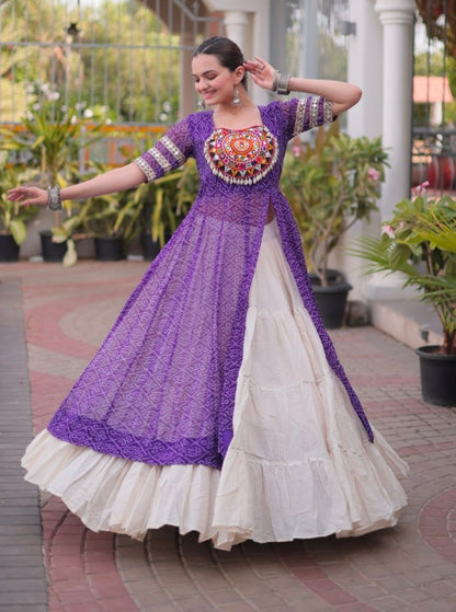 Purple Pure Faux Georgette  Bandhani Print with kutchi Patchwork Navratri Lehenga Choli