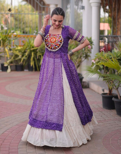 Purple Pure Faux Georgette  Bandhani Print with kutchi Patchwork Navratri Lehenga Choli