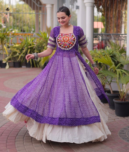 Purple Pure Faux Georgette  Bandhani Print with kutchi Patchwork Navratri Lehenga Choli