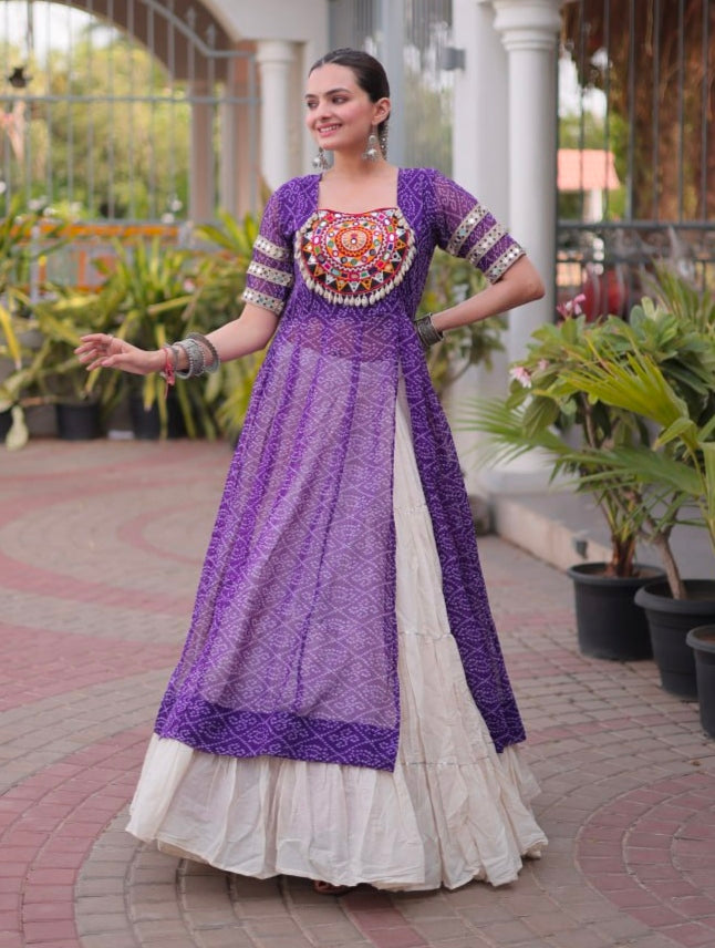 Purple Pure Faux Georgette  Bandhani Print with kutchi Patchwork Navratri Lehenga Choli