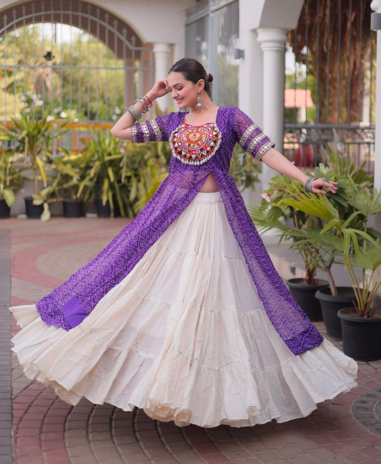 Purple Pure Faux Georgette  Bandhani Print with kutchi Patchwork Navratri Lehenga Choli