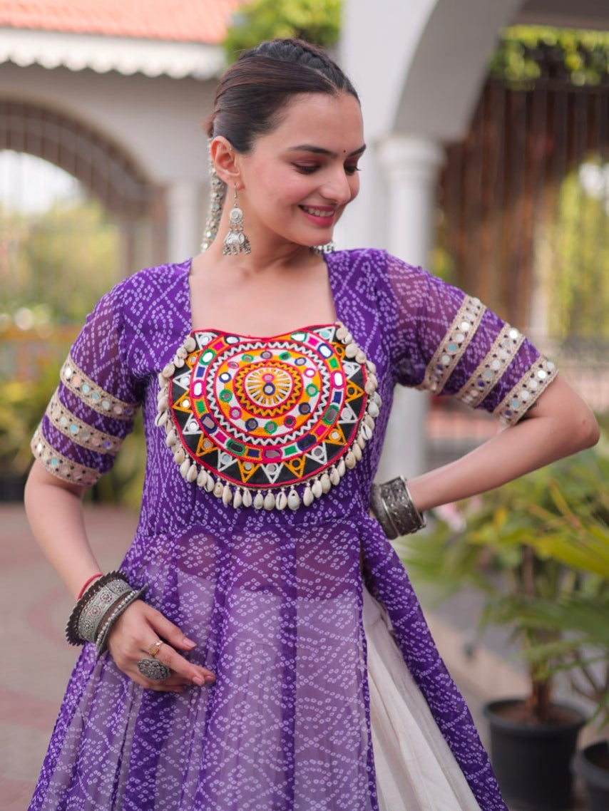 Purple Pure Faux Georgette  Bandhani Print with kutchi Patchwork Navratri Lehenga Choli