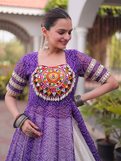 Purple Pure Faux Georgette  Bandhani Print with kutchi Patchwork Navratri Lehenga Choli