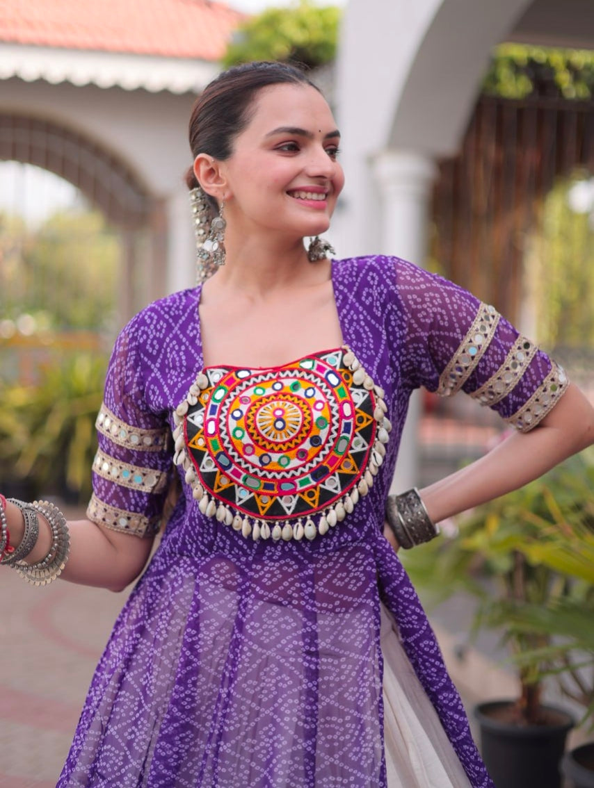 Purple Pure Faux Georgette  Bandhani Print with kutchi Patchwork Navratri Lehenga Choli