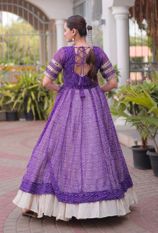Purple Pure Faux Georgette  Bandhani Print with kutchi Patchwork Navratri Lehenga Choli