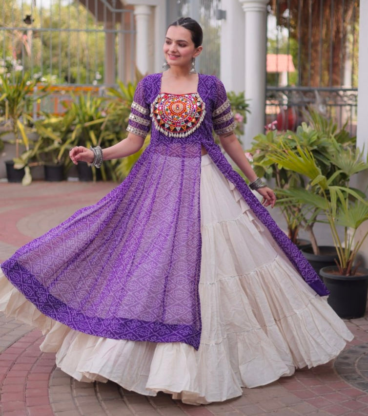 Purple Pure Faux Georgette  Bandhani Print with kutchi Patchwork Navratri Lehenga Choli