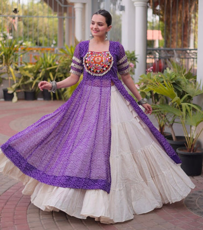 Purple Pure Faux Georgette  Bandhani Print with kutchi Patchwork Navratri Lehenga Choli