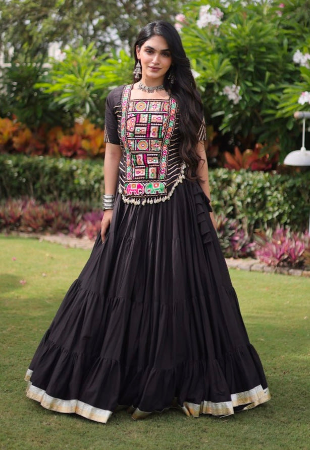 Black Pure Kora Cotton with Standard kutchi Patchwork Navratri Lehenga Choli
