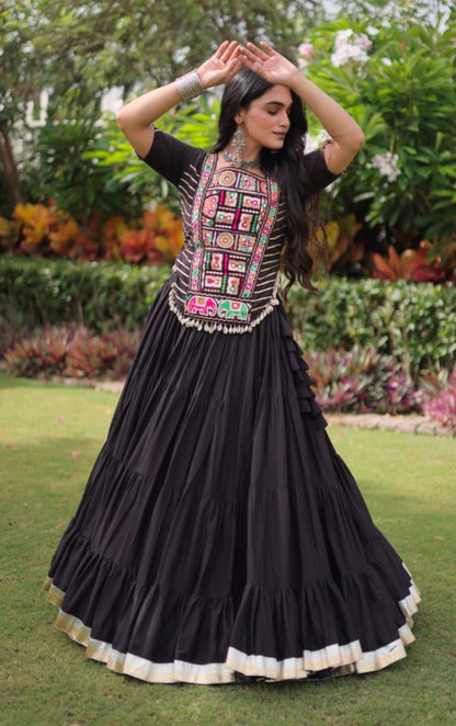 Black Pure Kora Cotton with Standard kutchi Patchwork Navratri Lehenga Choli