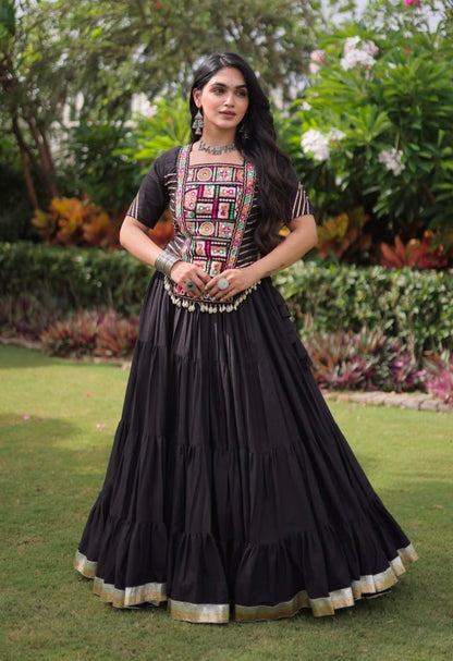 Black Pure Kora Cotton with Standard kutchi Patchwork Navratri Lehenga Choli