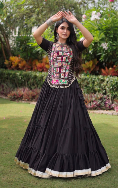 Black Pure Kora Cotton with Standard kutchi Patchwork Navratri Lehenga Choli
