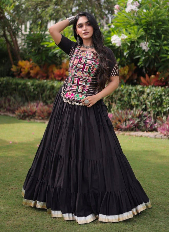 Black Pure Kora Cotton with Standard kutchi Patchwork Navratri Lehenga Choli