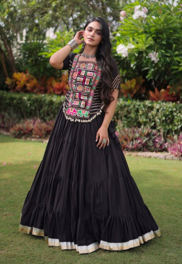 Black Pure Kora Cotton with Standard kutchi Patchwork Navratri Lehenga Choli