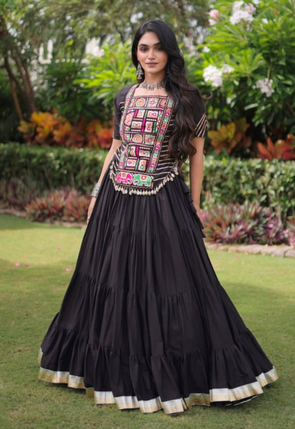 Black Pure Kora Cotton with Standard kutchi Patchwork Navratri Lehenga Choli