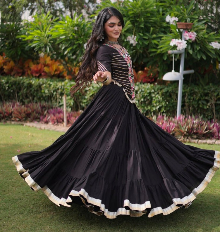 Black Pure Kora Cotton with Standard kutchi Patchwork Navratri Lehenga Choli