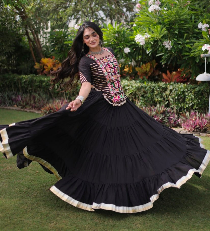 Black Pure Kora Cotton with Standard kutchi Patchwork Navratri Lehenga Choli